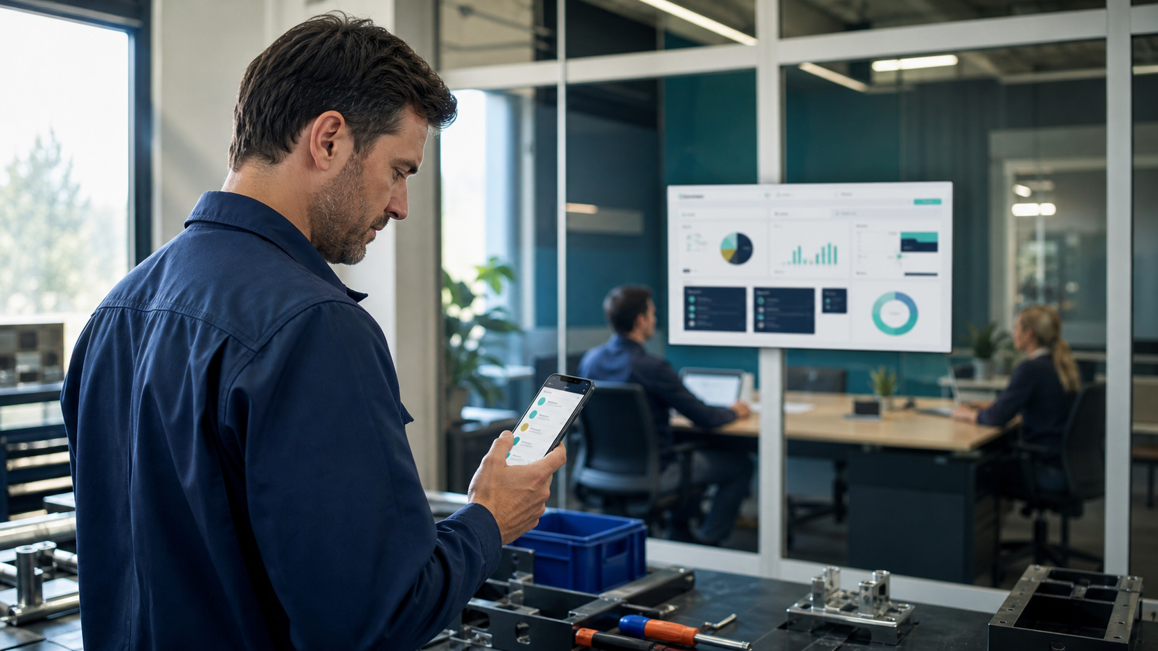 Des collaborateurs utilisent le même logiciel MAWYDO sur mobile et grand écran
